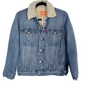 Levis Womens M Blue Sherpa Denim Trucker Jean Jacket Cream Cotton Button Front
